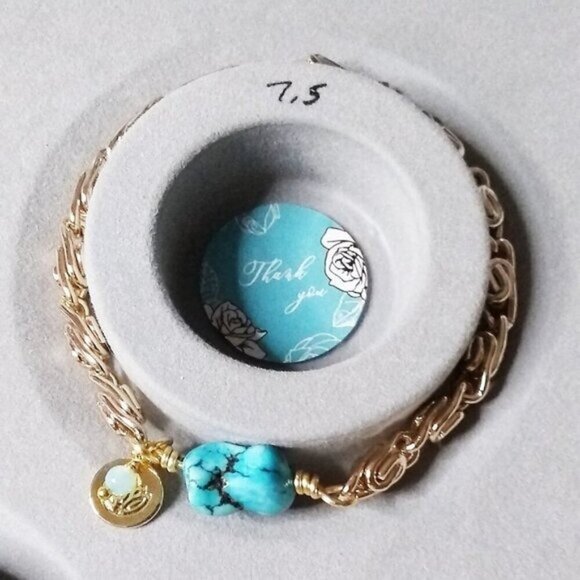 Turquoise Magnesite + Lotus Blossom! Thick Gold Chain Bracelet! Your Size!!! - Picture 2 of 6